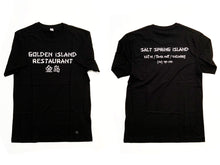 Load image into Gallery viewer, salt spring island golden island restaurant t shirt merch wear black canada
